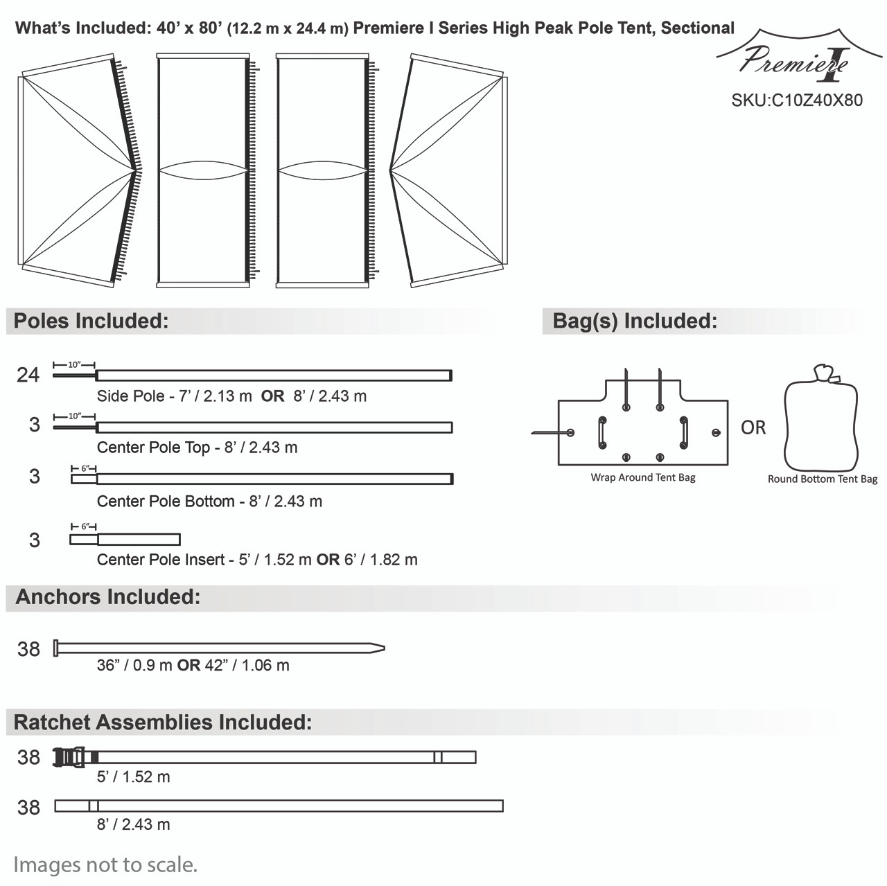 40' x 80' Premiere I Series High Peak Pole Tent, Sectional Tent Top, Complete