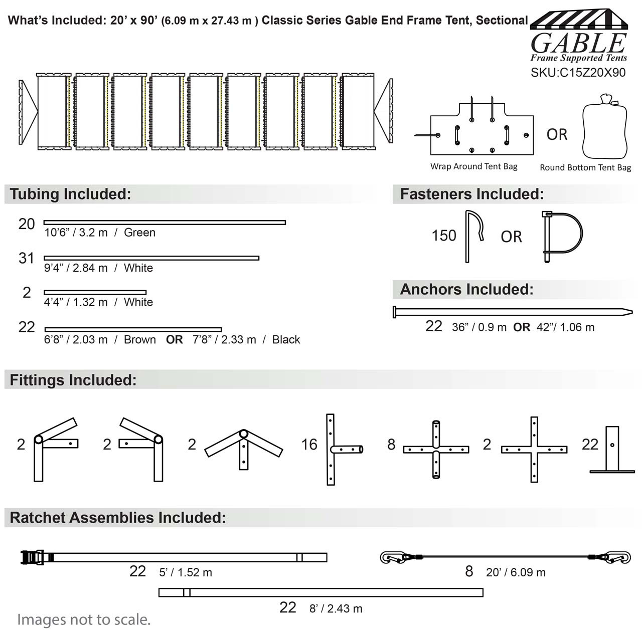 20' x 90' Classic Series Gable End Frame Tent, Sectional Tent Top, Complete