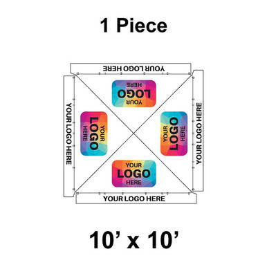 10' x 10' Classic Frame Tent, 1 Piece, Ratchet Top with Logo/Valance Print Only, top view diagram showing placement of logos and branding areas.