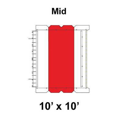 10' x 10' Classic Frame Tent Mid, 16 oz. Ratchet Top, White and Red, showing a top view of the tent with its dimensions and color scheme.