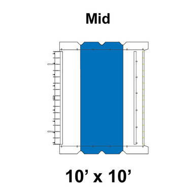 10' x 10' Classic Frame Tent Mid, 16 oz. Ratchet Top, White and Blue, with technical diagram showing detailed measurements and structure of the party tent for outdoor events and gatherings.
