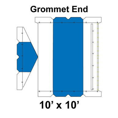 10' x 10' Gable Frame Tent Grommet End, 16 oz. Ratchet Top, White and Blue, technical schematic showing the grommet end and overall structure design.