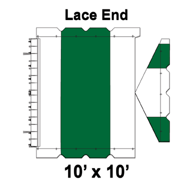 10' x 10' Gable Frame Tent Lace End, 16 oz. Ratchet Top, White and Forest Green, image showing the top view and side detail of the tent with lace end and ratchet top features