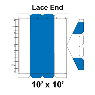 10' x 10' Gable Frame Tent Lace End, 16 oz. Ratchet Top, White and Blue, technical blueprint diagram showing the tent's structure and lace end details.
