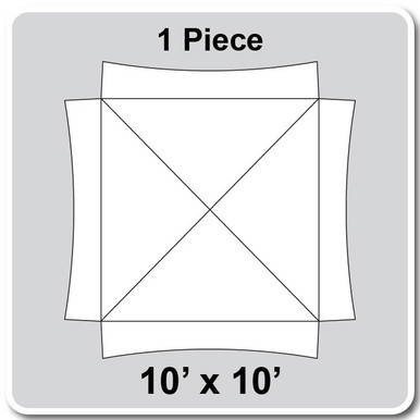 10' x 10' Master Series Frame Tent, 1 Piece, 16 oz. Ratchet Top, Solid White, diagram showing the tent's top view with dimensions and construction details.