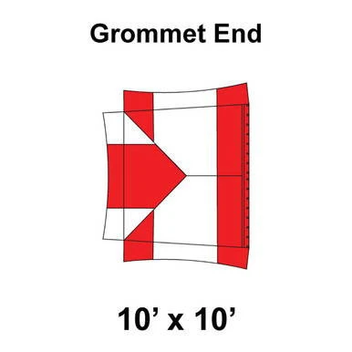 10' x 10' Master Series Frame Tent Grommet End with White and Red color scheme, featuring ratchet top and grommet end design for secure setup.