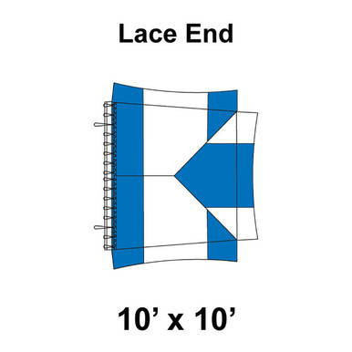 10' x 10' Master Series Frame Tent Lace End, 16 oz. Ratchet Top, White and Blue, showing a close-up of the lace end with the fabric in white and blue and the ratchet top mechanism.