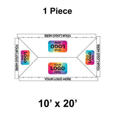 10' x 20' Classic Frame Tent, 1 Piece, Ratchet Top, Logo/Valance Print Only, product diagram showing customizable logo placements on the tent's valance and side panels.