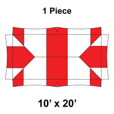 10' x 20' Master Series Frame Tent, 1 Piece, 16 oz. Ratchet Top, White and Red, with the tent's diagram showing its structure and color pattern.