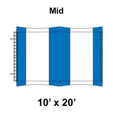 10' x 20' Master Series Frame Tent Mid with 16 oz. Ratchet Top, White and Blue, floor plan diagram showing dimensions and structure of the event tent.