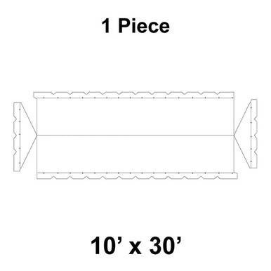 10' x 30' Gable Frame Tent, 1 Piece, 16 oz. Ratchet Top, Solid White, technical drawing showing side view outline of the tent with detailed measurements and structure.