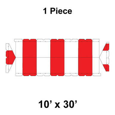 10' x 30' Gable Frame Tent, 1 Piece, 16 oz. Ratchet Top, White and Red, top view diagram showing the tent's dimensions and structure.