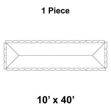 10' x 40' Classic Frame Tent, 1 Piece, 16 oz. Ratchet Top, Solid White, schematic diagram showing the tent's rectangular shape and roof structure for outdoor event shelter.