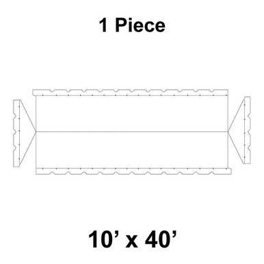 10' x 40' Gable Frame Tent, 1 Piece, 16 oz. Ratchet Top, Solid White, technical diagram showcasing the dimensions and design of the outdoor event tent.