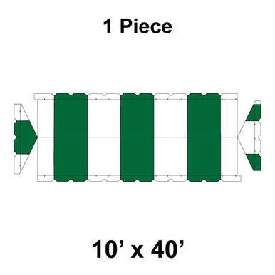 10' x 40' Gable Frame Tent, 1 Piece, 16 oz. Ratchet Top, White and Forest Green, top view diagram showing the dimensions and structure of the outdoor event tent.