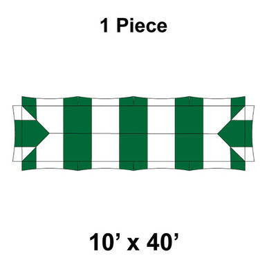 10' x 40' Master Series Frame Tent, 1 Piece, 16 oz. Ratchet Top, White and Forest Green, showcasing the rectangular canopy with alternating green and white panels and ratchet top design.