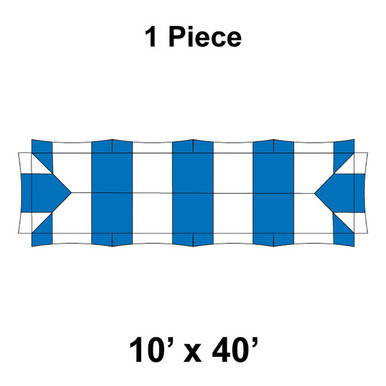 10' x 40' Master Series Frame Tent, 1 Piece, 16 oz. Ratchet Top, White and Blue, with a striped pattern and adjustable ratchet top for outdoor events.