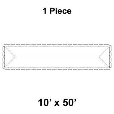 10' x 50' Classic Frame Tent, 1 Piece, 16 oz. Ratchet Top, Solid White, detailed schematic illustration of the rectangular tent with a solid white color and annotated dimensions.
