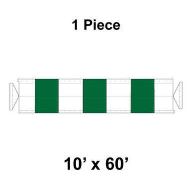 10' x 60' Gable Frame Tent, 1 Piece, 16 oz. Ratchet Top, White and Forest Green, illustration of the tent's layout with green sections and ratchet top-based design.
