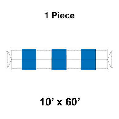 10' x 60' Gable Frame Tent, 1 Piece, 16 oz. Ratchet Top, White and Blue, with a simple diagram showing the tent's dimensions and structure.