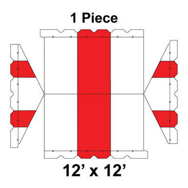 12' x 12' Gable Frame Tent, 1 Piece, 16 oz. Ratchet Top, White and Red, with a diagram showing the layout and construction of the tent for outdoor events and exhibitions.