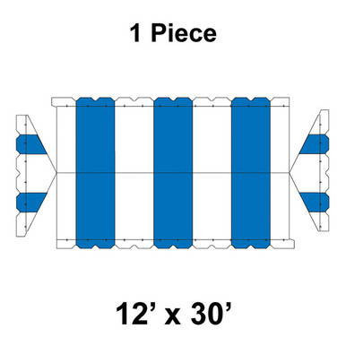 12' x 30' Gable Frame Tent, 1 Piece, 16 oz. Ratchet Top, White and Blue, showing the layout and design of the tent fabric with its blue and white color pattern and structural components.
