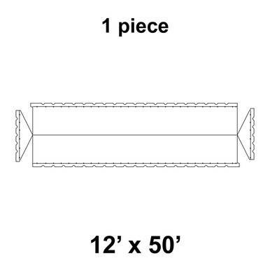 12' x 50' Gable Frame Tent, 1 Piece, 16 oz. Ratchet Top, Solid White, technical line drawing showing the tent's gable frame structure with detailed dimensions.