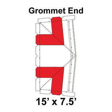 15' x 7.5' Classic Frame Tent Grommet End with 16 oz. Ratchet Top, White and Red, shown with grommet end design for outdoor event sheltering.