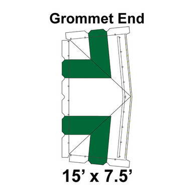 15' x 7.5' Classic Frame Tent Grommet End, 16 oz. Ratchet Top, White and Forest Green, with detailed diagram showing the grommet end design and measurements.