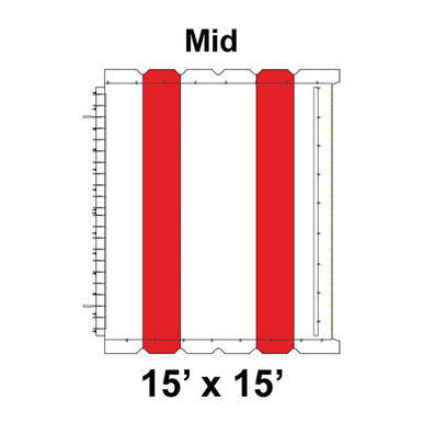 15' x 15' Classic Frame Tent Mid, 16 oz. Ratchet Top, White and Red, product image showing the tent's dimensions and color pattern.