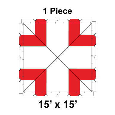 15' x 15' Classic Pole Tent, 1 Piece, 16 oz. Ratchet Top, White and Red, with a diagram showing the layout and design of the tent.