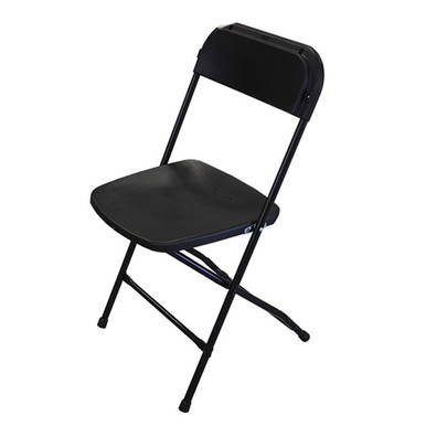 Bellbrook Black Poly Chair, a foldable black plastic seat with a metal frame and a contoured backrest.