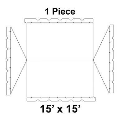 15' x 15' Gable Frame Tent, 1 Piece, 16 oz. Ratchet Top, Solid White, technical schematic drawing of the structure with labeled dimensions and components.