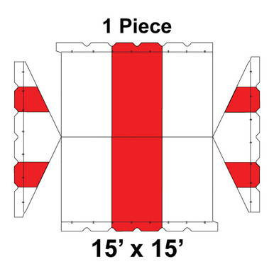 15' x 15' Gable Frame Tent, 1 Piece, 16 oz. Ratchet Top, White and Red, flat layout diagram showing the tent's design and dimensions.
