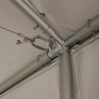 3/16" x 8' Frame Tent Cable with Carabiners, metal cable attached to ceiling pipes with carabiners for securing tent frames.