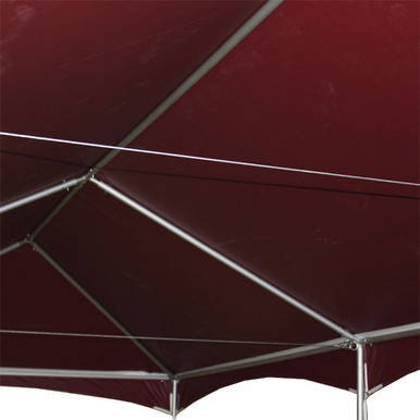 3/16 inch x 8 feet Frame Tent Cable with Carabiners, close-up of the cable attached to a red frame tent with metal fittings.