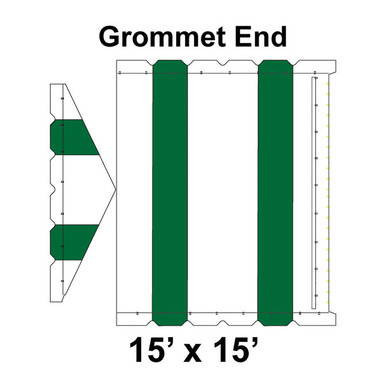 15' x 15' Gable Frame Tent Grommet End, 16 oz. Ratchet Top, White and Forest Green, with detailed diagram showing grommet end construction and measurements for outdoor event or commercial use.