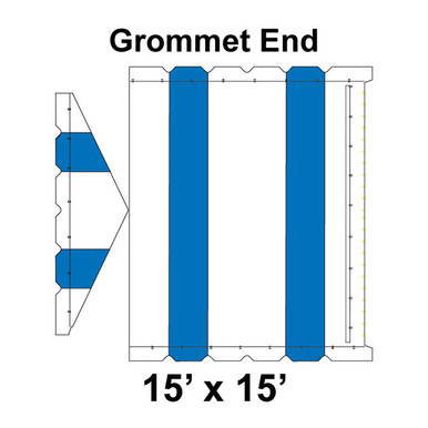 15' x 15' Gable Frame Tent Grommet End, 16 oz. Ratchet Top, White and Blue, featuring a detailed diagram of the grommet end structure and dimensions.