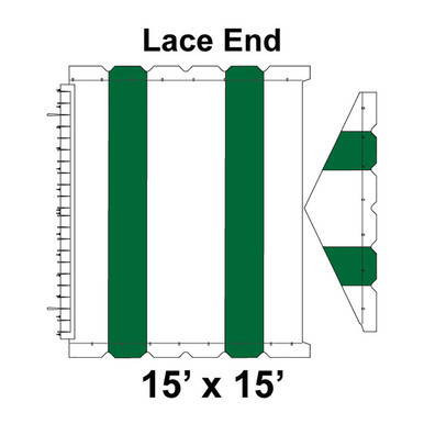 15' x 15' Gable Frame Tent Lace End, 16 oz. Ratchet Top, White and Forest Green, with detailed diagram showing the lace end construction and side view of the tent structure.