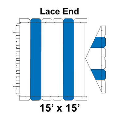 15' x 15' Gable Frame Tent Lace End, 16 oz. Ratchet Top, White and Blue, technical illustration showing details of the tent's lace end construction and dimensions.