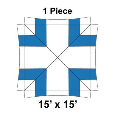 15'x15' Master Series Frame Tent, 1 Piece, 16 oz. Ratchet Top, White and Blue, image showing the tent's top view with reinforced corners and blue accents.