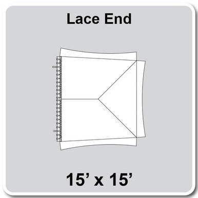15' x 15' Master Series Frame Tent Lace End, 16 oz. Ratchet Top, Solid White, technical illustration of the frame tent's lace end and dimensions.