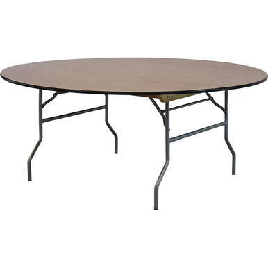 Celina Tent 72" Round Wood Table, a portable round table with a wooden top and foldable metal legs for outdoor events and gatherings.