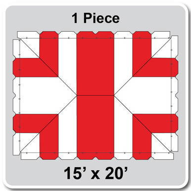 15' x 20' Classic Pole Tent, 1 Piece, 16 oz. Ratchet Top, White and Red, with a diagram of the tent layout showing its size and color pattern.