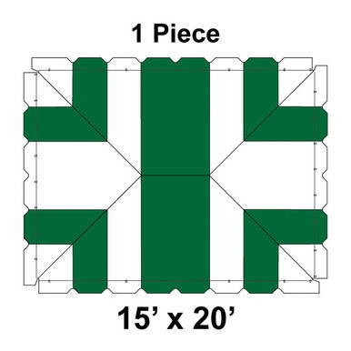 15' x 20' Classic Pole Tent, 1 Piece, 16 oz. Ratchet Top, White and Forest Green, image showing the top view of the tent with green sections and white framing.