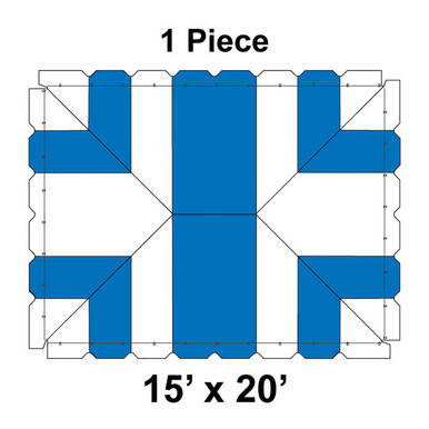 15' x 20' Classic Pole Tent, 1 Piece, 16 oz. Ratchet Top, White and Blue, top-down illustration showing the tent's layout and color scheme.
