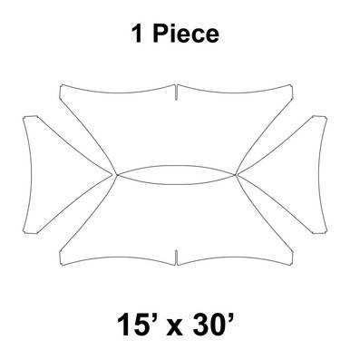 15' x 30' 16 oz. White Pinnacle Series Cross Cable Top, line drawing of the fabric cover with cutout sections for wiring access.