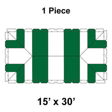 15' x 30' Classic Frame Tent, 1 Piece, with 16 oz. Ratchet Top, in White and Forest Green, showing the top view of the tent with its color scheme and frame structure.