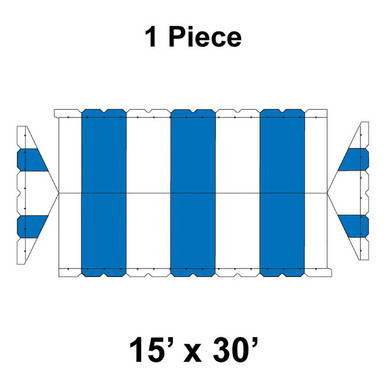 15' x 30' Gable Frame Tent, 1 Piece, 16 oz. Ratchet Top, White and Blue, top view with blue and white striped fabric and frame structure