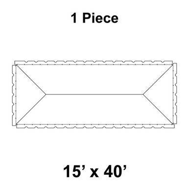 15' x 40' Classic Frame Tent, 1 Piece, 16 oz. Ratchet Top, Solid White, blueprint drawing of the tent's top view displaying its rectangular shape with scalloped edges.